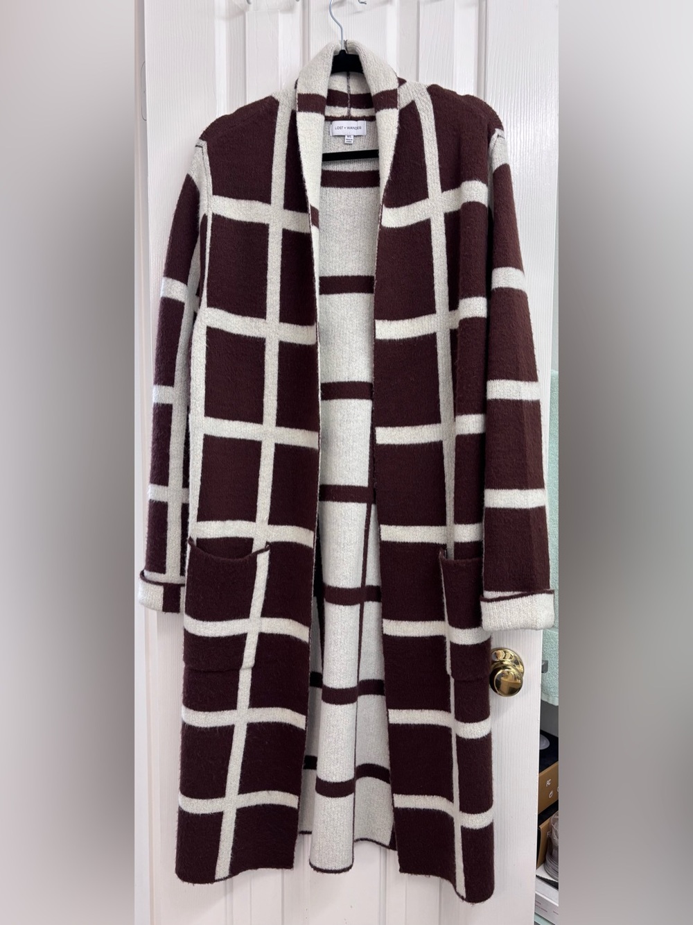 Lost + Wander Grid Plaid Open-Front Long Cardigan in Brown and Cream - SIZE M/L - Picture 2 of 14